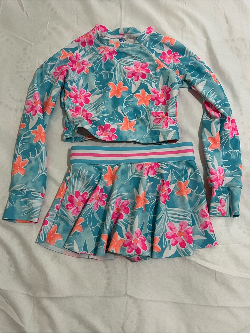 Girls' Teal Floral Long-Sleeve Rashguard Swim Set with Skirted Bottom Size 3T